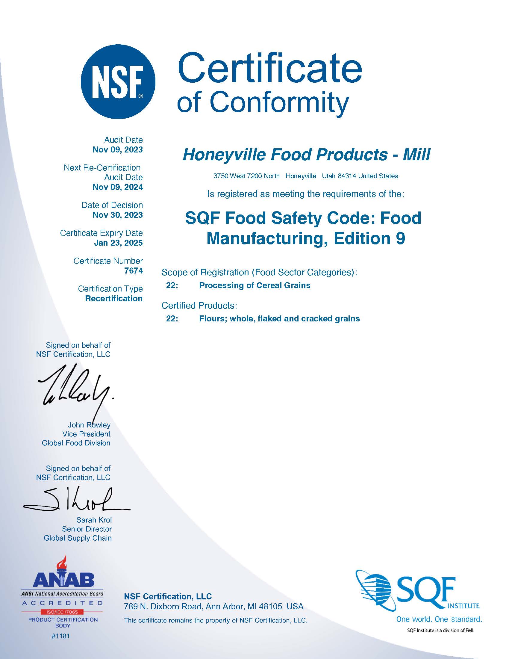Honeyville 2023 SQF Certificate